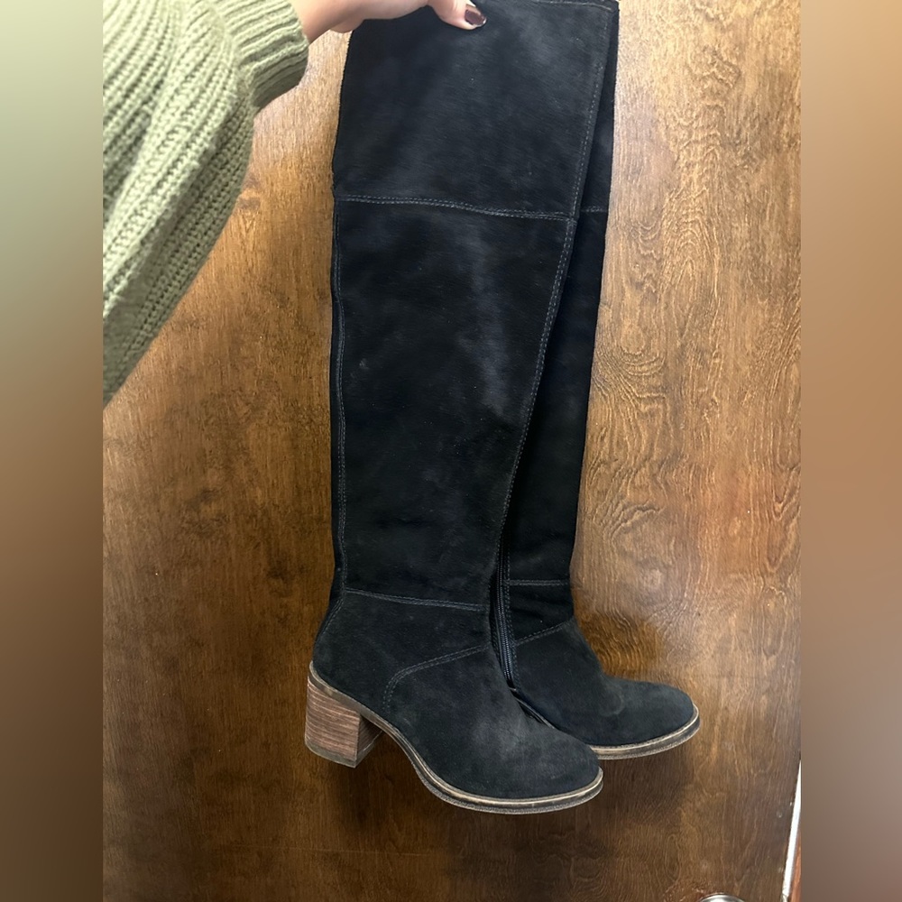 Lucky Brand Over the Knee Suede Boots Size 8 Black Ramsden Stack Heel